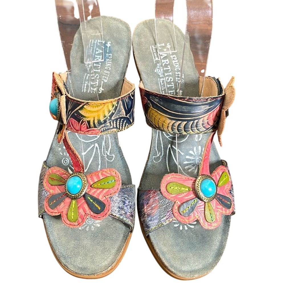 Spring Step L'Artiste Women's Agalla Leather Sandalsβ size 41 Floral Boho Artsy